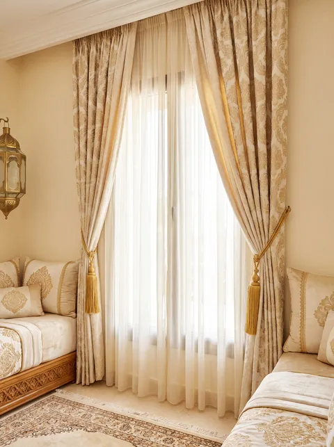 ستائر كريمية وذهبية بمشابك ذهبية (صورة توضيحية)
